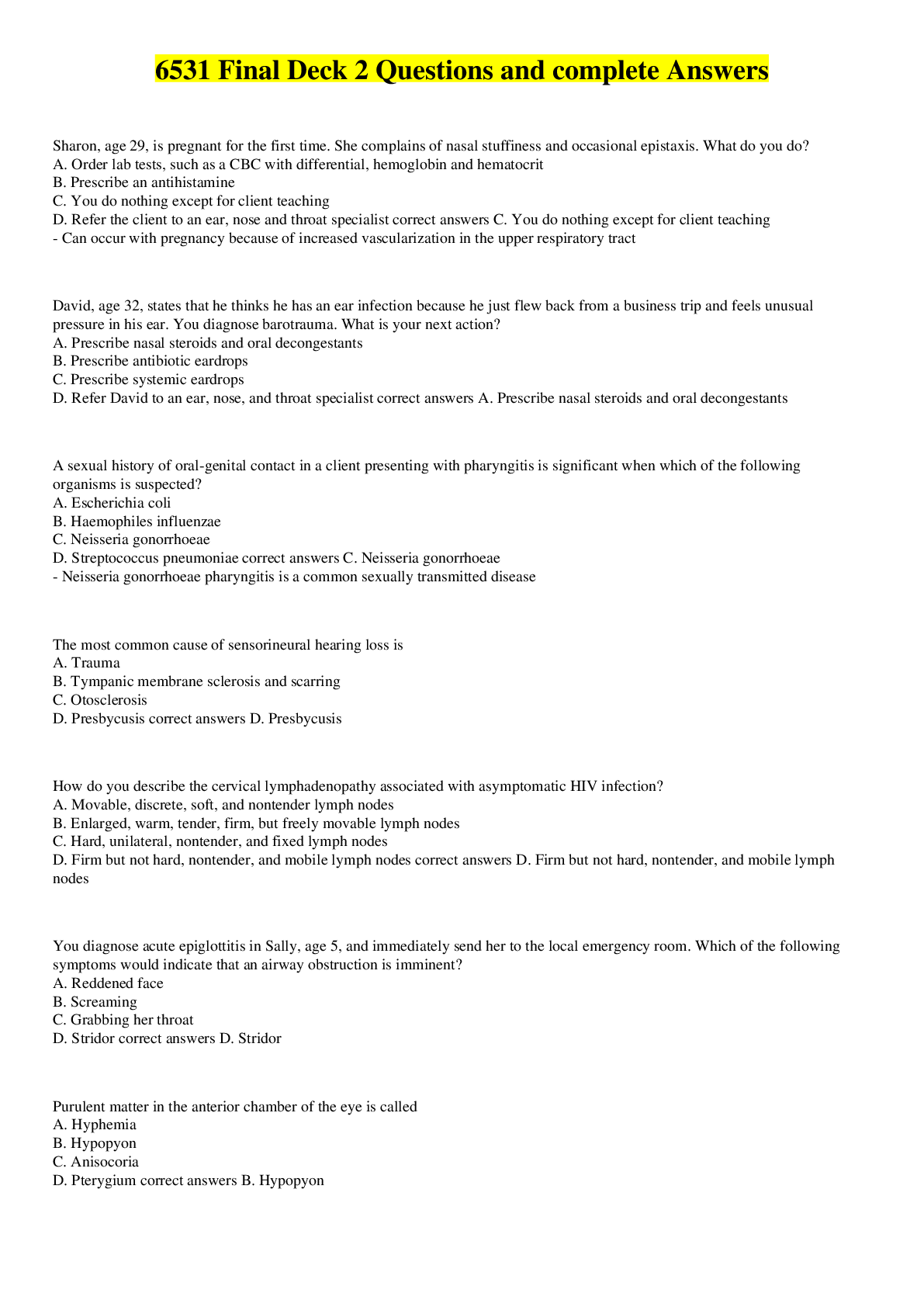 Preview image for 6531 Final Deck 2 Questions and complete Answers